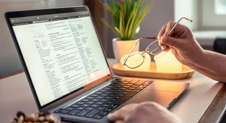 Persona sosteniendo sus lentes mientra revisa las facturas en el portátil