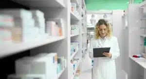 farmacéutico revisando inventario en laboratorio, contexto de gestión de cartera con EPS en sector farmacéutico - Profitline